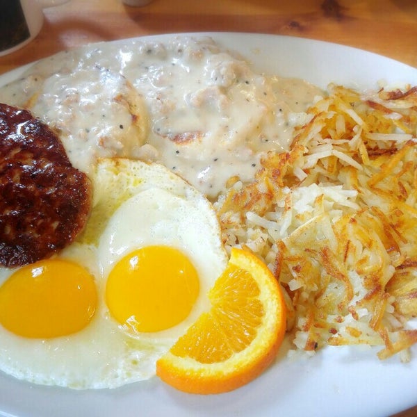 Cowboy's special - half biscuit & gravy, two eggs, sausage patty, and hash brown - is huge!