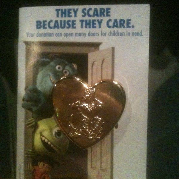 Now at the theatre get a Monsters, Inc. heart pin! $3 goes to a children's charity!