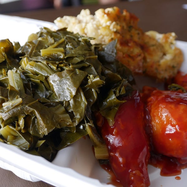 Semi-pricey, black owned vegan restaurant. Quality food, great selection and laid back. People come for soul food faves like mac & cheese, greens, and ribs/wings. But there's a lot more to taste!