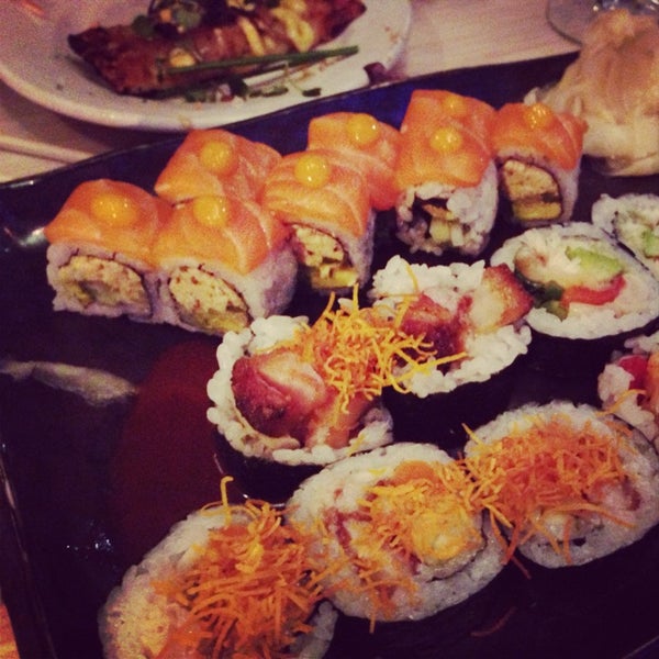 Pork belly, sea bass tempura and double salmon rolls.