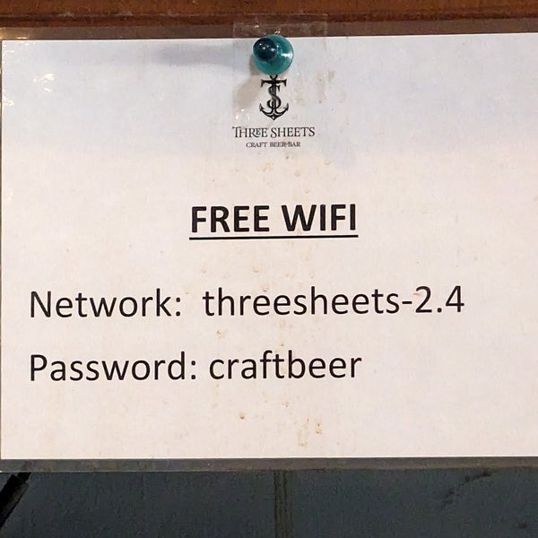 Network: threesheets-2.4 Password: craftbeer