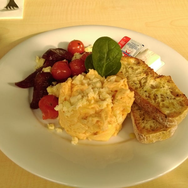 Coffee and breakfast. I had the Mediterranean and it was pretty filling. Came with scrambled eggs, crumbled feta, baby soonish, sourdough toast, blistered cherry tomatoes and chorizo.