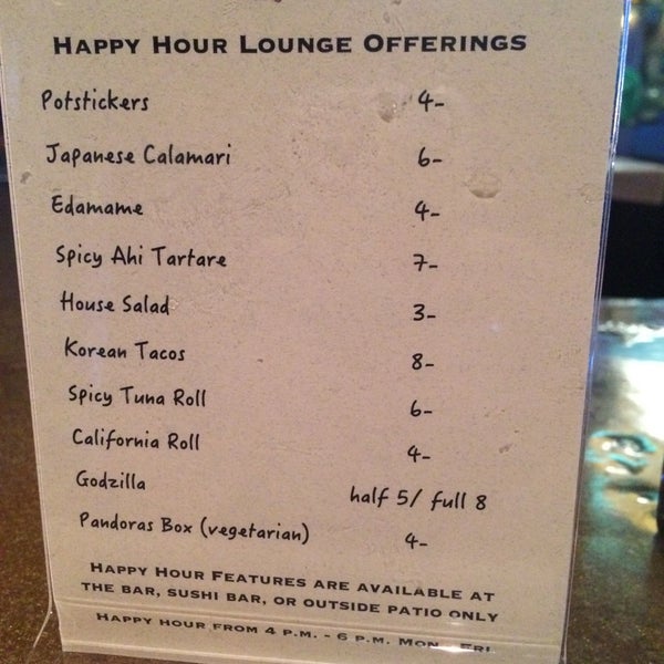 Great happy hour specials on sushi, wine and sake!