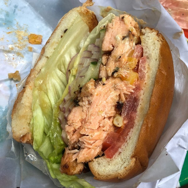 Salmon sandwich off the hook. Nice spices