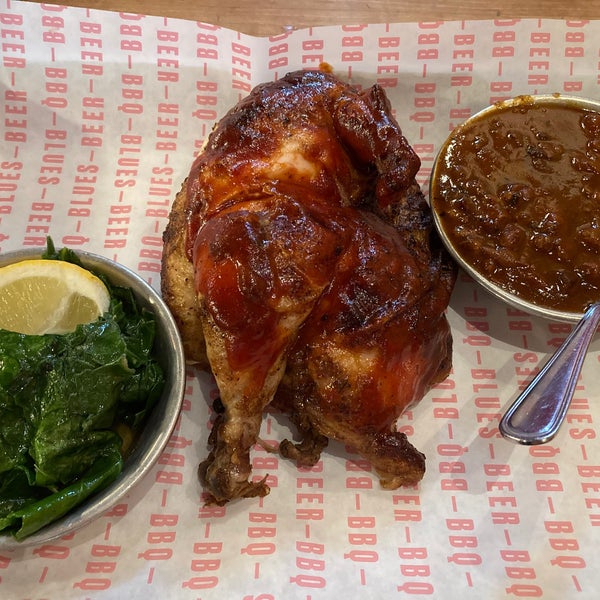 WOOD ROASTED ROTISSERIE CHICKEN with  SMOKED PIT BEANS and COLLARD GREENS#SupportLocalRestaurants