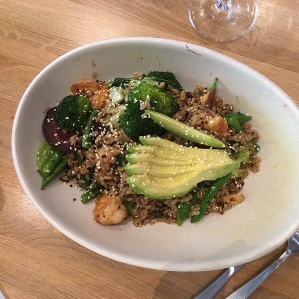 Teriyaki Quinoa (broccoli, heirloom carrot, bok choy, mushroom, brown rice, avocado, toasted sesame) with shrimp