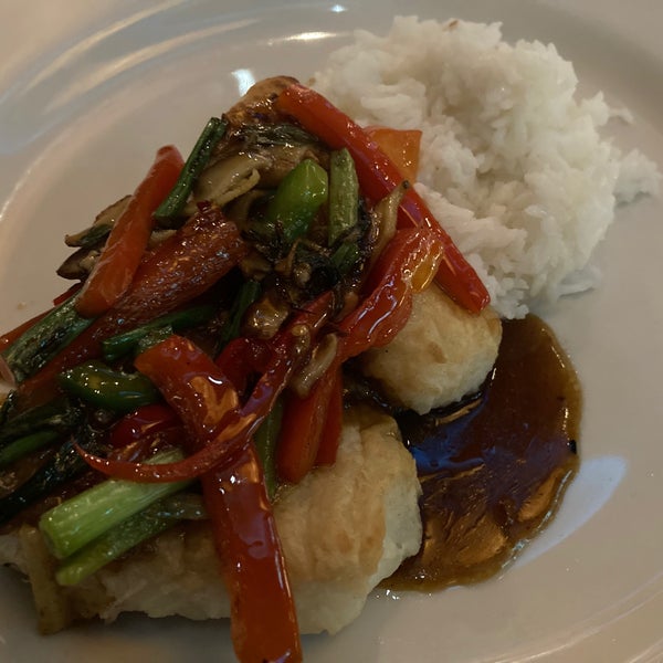 Pan Roasted Chilean Seabass (Ginger scallion sauce, bell peppers, green onions, shiitake mushrooms) with a side of Jasmine White Rice