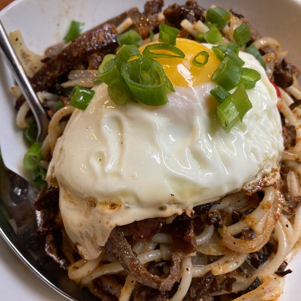 VBQ WAGYU BEEF with STIR-FRIED EGG NOODLES topped with CARAMELIZED EGG