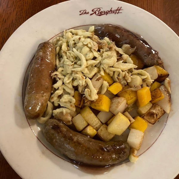Game Sausage Plate (Boar, venison, and duck sausages topped with a rich Madeira sauce served with caramelized root vegetables and house-made spätzel)