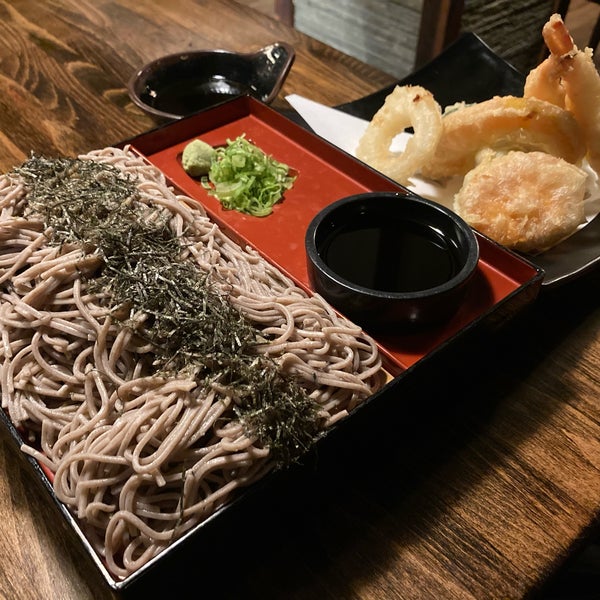 TEN ZARU SOBA chilled buckwheat noodles, soy-based dipping sauce, topped with shredded nori, served with a side of shrimp and vegetable tempura