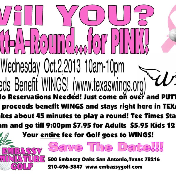Open Year round! Beautiful Course and when it's HOT? They have cool Down Stations! Date night , Family Night, It's All Good! Putt for PINK Oct 2, 2013 Proceeds benefit WINGS! (www.texaswings.org)