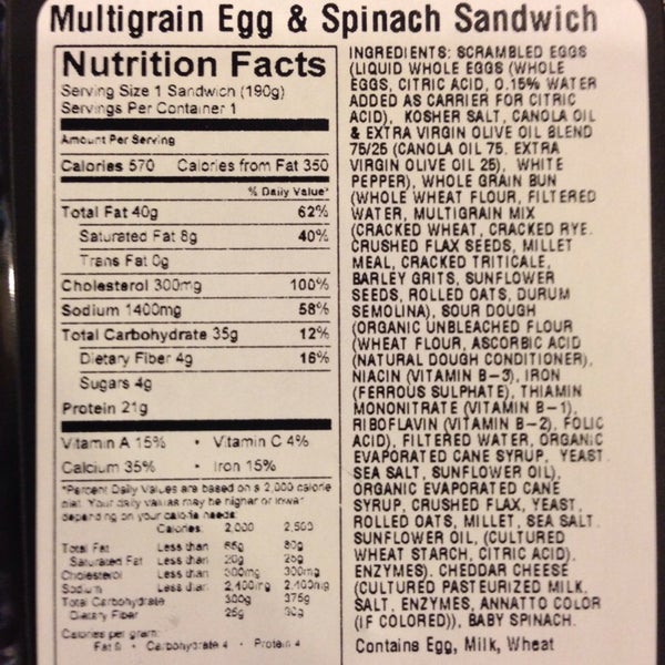 The multigrain egg & spinach sandwich is deceptively unhealthy. 62% of daily fat (incl. 40% saturated fat), 58% of daily sodium, and 100% of DAILY CHOLESTEROL! Shizas. At least it's kosher (FWIW).