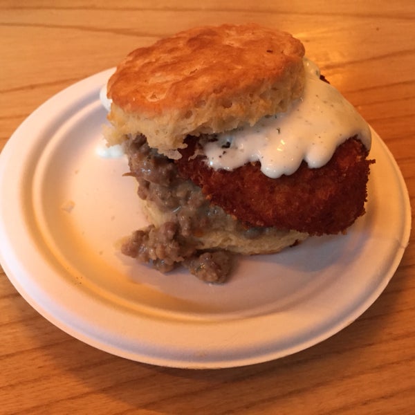 Fried chicken biscuit with ranch is otherworldly delicious. Add house-made pork sausage gravy to get freaky.