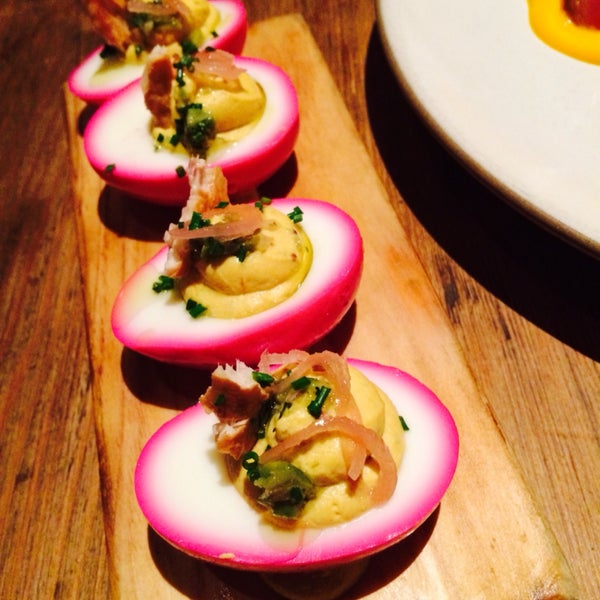 The deviled eggs with smoked trout are tasty to eat and nice to look at.