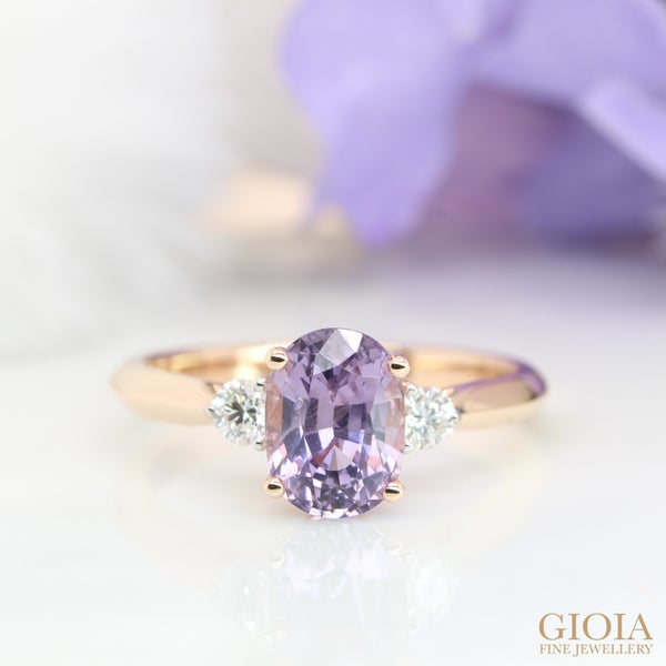 Lilac Spinel Engagement Ring Violetish coloured spinel complement with side round brilliance diamonds, timeless and elegant engagement ring crafted in rose gold.