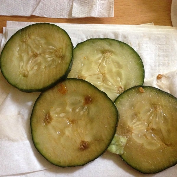 old cucumber slices in their garden salad.