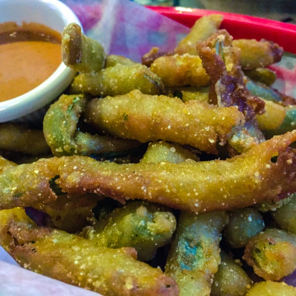 Start with the fried pickles. Cut in spears the size of thick fries, they have a nice crunch and tanginess.