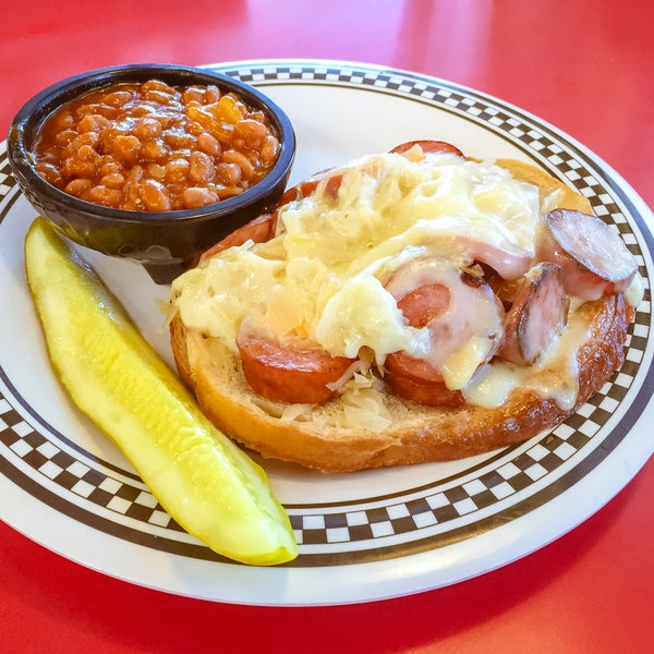 Order the kielbasa rueben with a side of baked beans (infused with bacon).