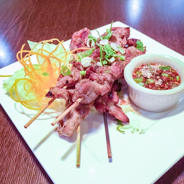 The Moo Ping Grilled Pork (grilled marinated pork on skewer with Thai spicy sauce) comes with enough to share for two. Like the street foods in Thailand and delicious.
