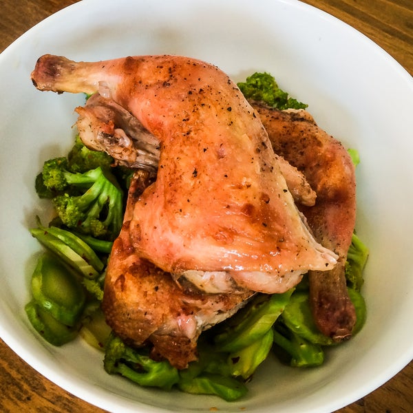 Poussin with broccoli and in a spicy lobster broth.  Recommended.