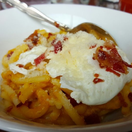 The Carbonara made with bucatini, roasted pumpkin, smoked bacon, cream, & a poached egg is a hearty brunch dish.