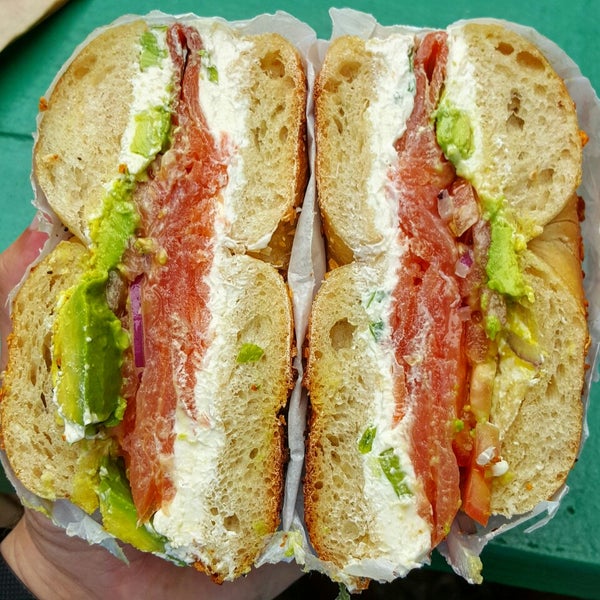 Really fantastic bagels here. Go all out with scallion cream cheese, nova lox, avocado, tomato, and onions.