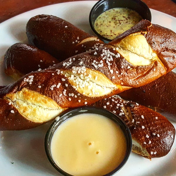 Bavarian Pretzels with cheese and mustard are a staple of any beer bar and here is no exception!