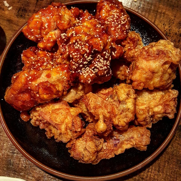 The K.F.C. (Korean Fried Chicken) is crispy and delicious but the spicy ones could use a little more heat.