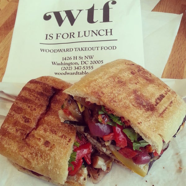 The Provençale sandwich at WTF is fantastic, it's packed with grilled eggplant, zucchini, portobello mushrooms, onions, goat cheese, basil, olive/sundried-tomato pesto and peppers on house-baked bread