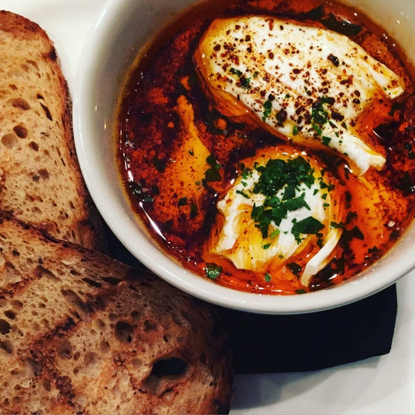 Turkish eggs and a good spicy Bloody Mary with sherry. Yum