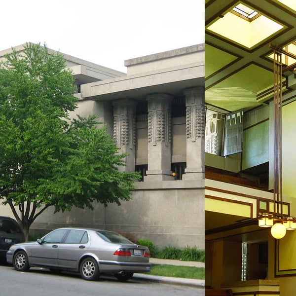 Unity Temple (1906-1908) proved that concrete can be beautiful. The lack of windows reduces street noise while stained glass windows in the roof and clerestories provide natural light to parishioners.
