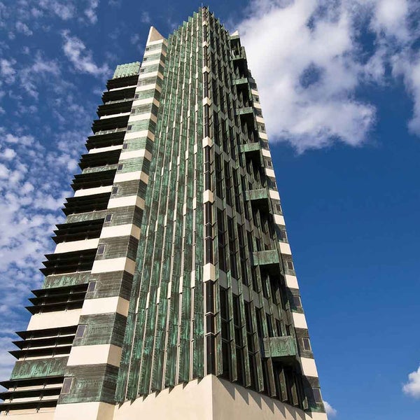 The 19-story Price Tower (1952-1956) in Bartlesville, Oklahoma is the only skyscraper designed by Frank Lloyd Wright. It is also one of the two existing vertically oriented Wright structures.