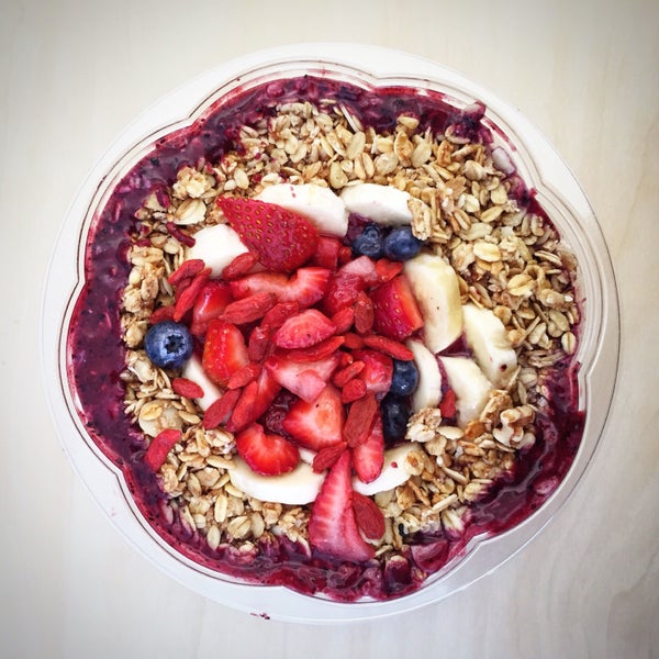 The very berry acai bowl is delicious. Strawberries, blueberries, banana, oats, goji berries, acai and honey.