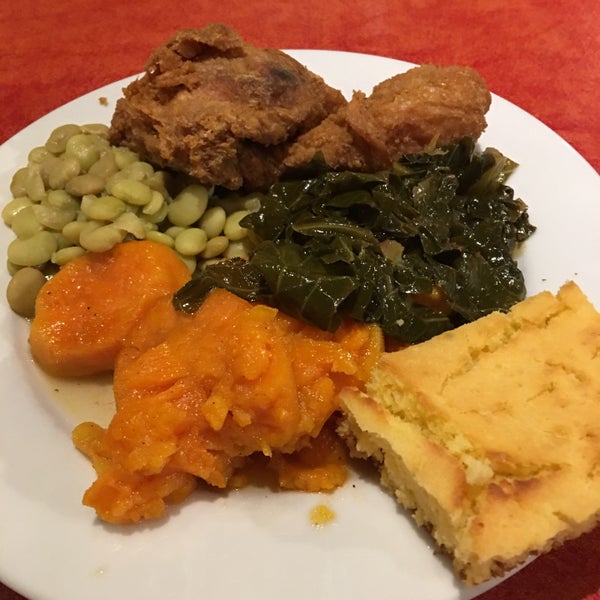 Excellent food, cafeteria style where you pick your sides and your main dish. The fried chicken was crispy but the sides for me were excellent especially the collard greens and candied yams.