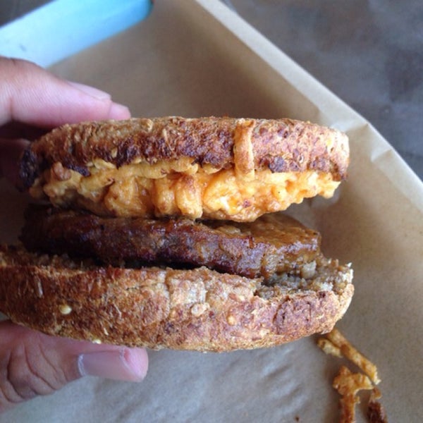 The vegan breakfast sandwich is a healthier version of a mcgriddle. With the meaty "sausage" complemented by the maple flavor.