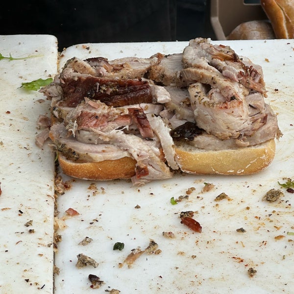 The porchetta sandwich is well worth the wait. Only seating inside the ferry building and near the water.