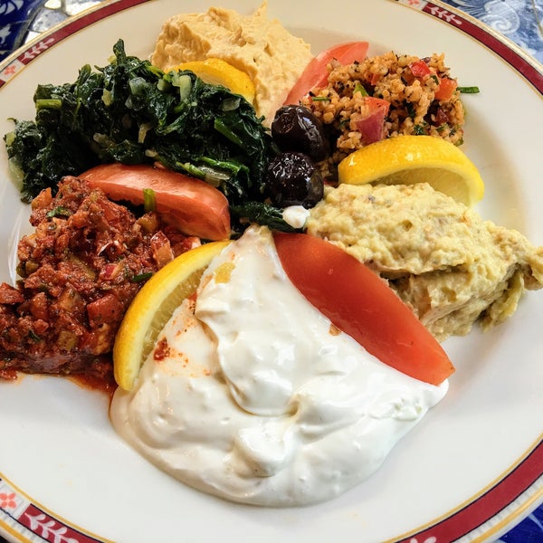 The large mezze is a meal in its own right, it's a nice vegetarian option. The staff is friendly. They have outside seating.