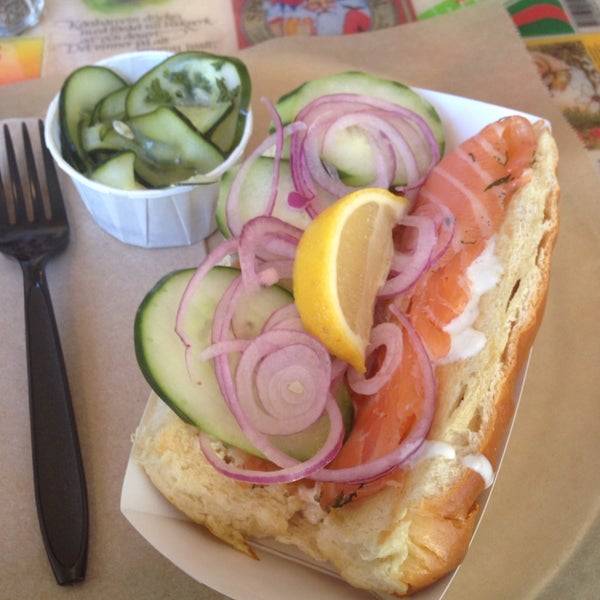 The gravlax sandwich is amazing, especially since it's house cured. This place is part deli part Candy store and part grocery store.  They accept credit cards here.