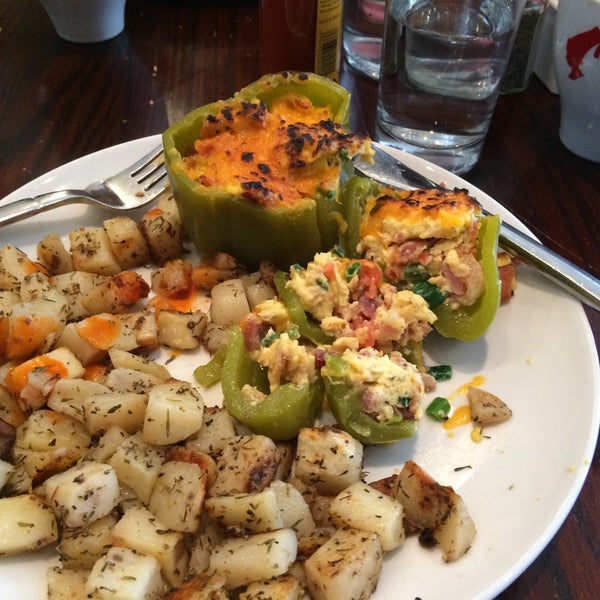 Stuffed Breakfast Peppers, with egg, bacon, spinach, tomato