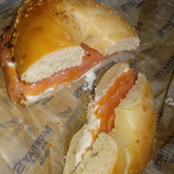 Classic... onion bagel with cream cheese and lox :)