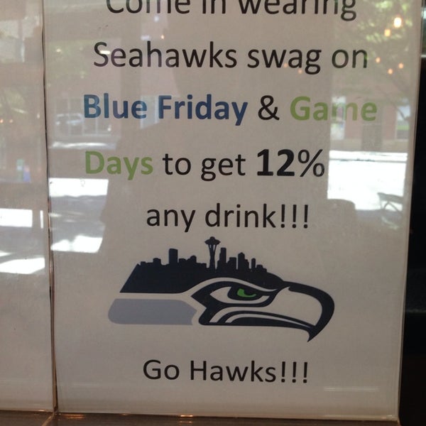 Come in wearing Seahawks swag on game days and get 12% off any drink.