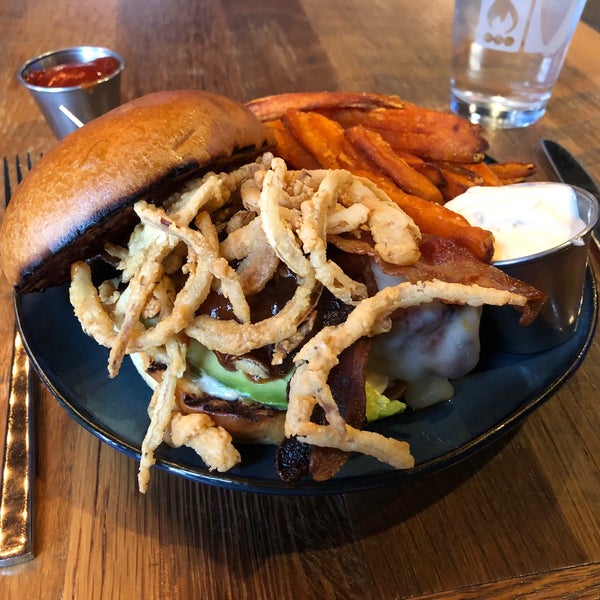 Rodeo Burger with Grilled Chicken Breast and Sweet Potato Fries
