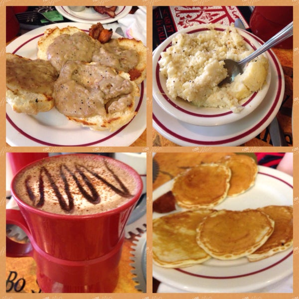 Biscuits & gravy with cheese grits and silver dollar pancakes makes for a delicious family breakfast.
