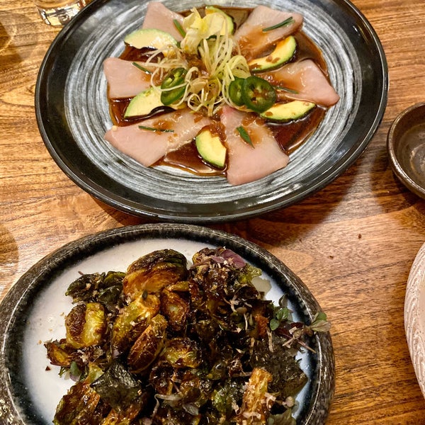 Brussel sprouts miso dressing $13 and hamachi jalapeño sashimi $24