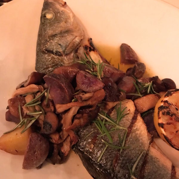 Fish of the day: whole roasted branzino with mushrooms, potatoes and rosemary $36. Delicata squash with XO sauce $12. Skip brussel sprouts $9