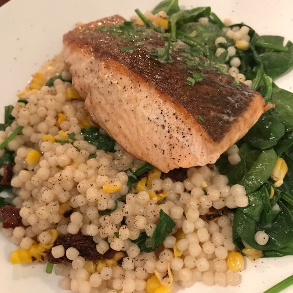 Salmon with cous cous, spinach and corn in lemon butter $28