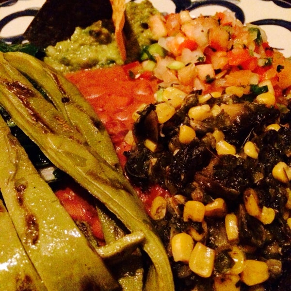 Vegan plate $19-grilled cactus, red beans, guacamole, salsa, sautéed mushrooms and corn, served with warm tortillas. Ask for hot sauce & get 3 from mild to spicy.