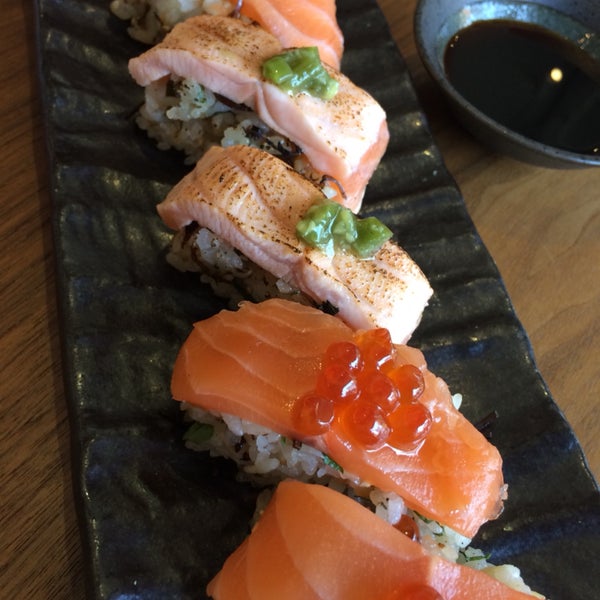 Brunch special of Salmon Trio: 3 variations of salmon nigiri on seasoned seaweed rice, comes with better than usual miso soup and salad $13.50