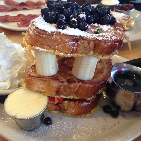 Towering cinnamon French toast with fruit!