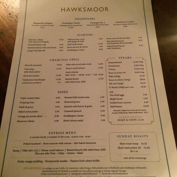 Hawksmoor menu deals